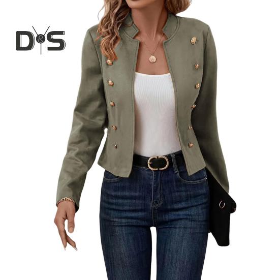 Женская куртка с воротником-стойкой, длинный рукав, двубортный короткий костюм, пальто, однотонная деловая верхняя одежда