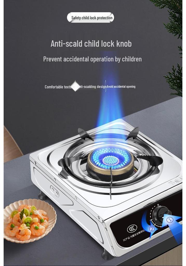 Single Burner Desktop Gas Stove with Flameout Protection - Nine Heads, Strong Flame for Natural and Liquefied Petroleum Gas.