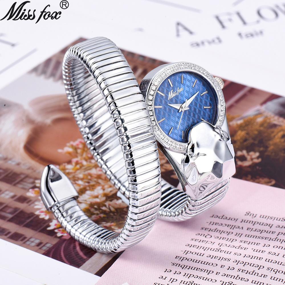 MISSFOX часы в форме змеи со стразами для женщин, роскошный бренд, красный циферблат, женские золотые часы с замороженным кристаллом, аналоговые кварцевые часы