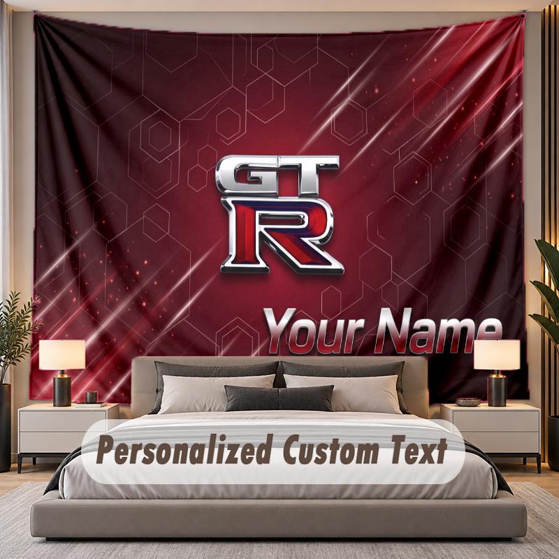 Custom Name Text Tapestry Nissan GT-R Personalized Polyester Wall Tapestry For Bedroom And Room