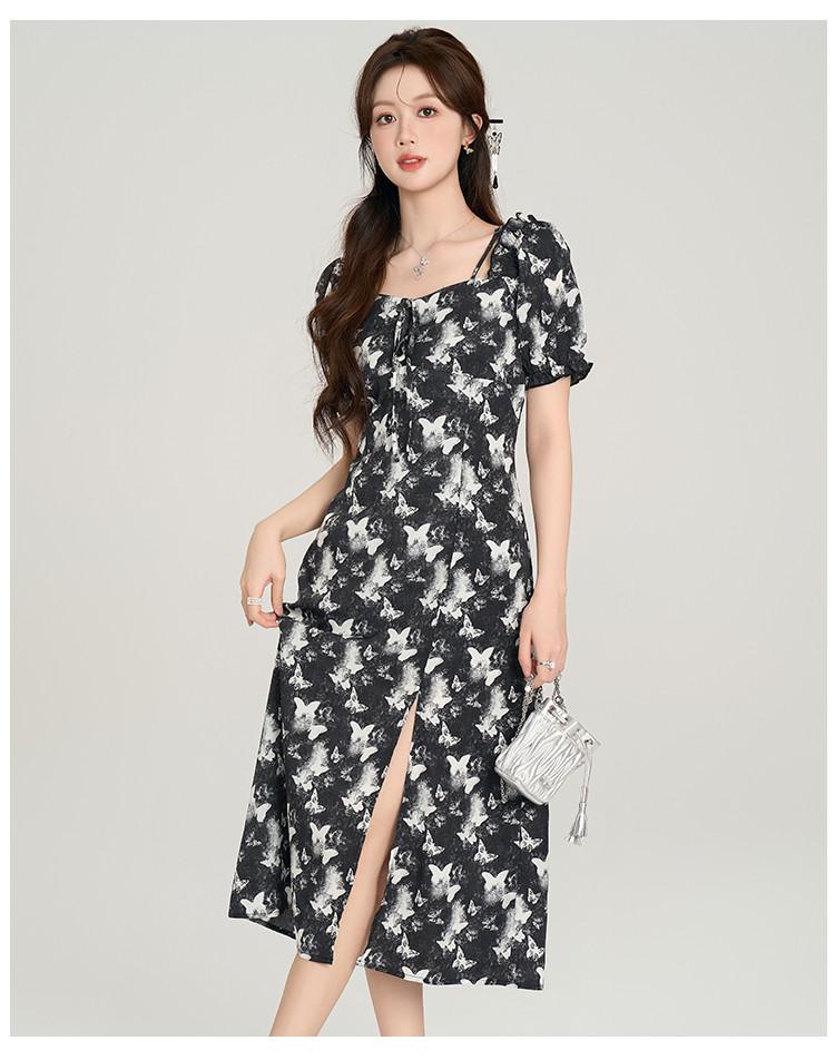French butterfly print camisole dress 2024 summer style gentle temperament slimming slit skirt