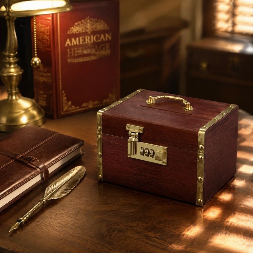 With Password Lock Wooden Money Bank Retro Treasure Storage Box Piggy Bank Bill Storage