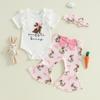 Baby Girls Easter Outfits Short Sleeve Letter Embroidery Romper with Bunny Print Flare Pants and Headband