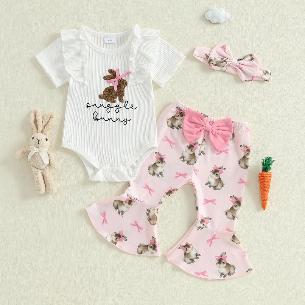 Baby Girls Easter Outfits Short Sleeve Letter Embroidery Romper with Bunny Print Flare Pants and Headband