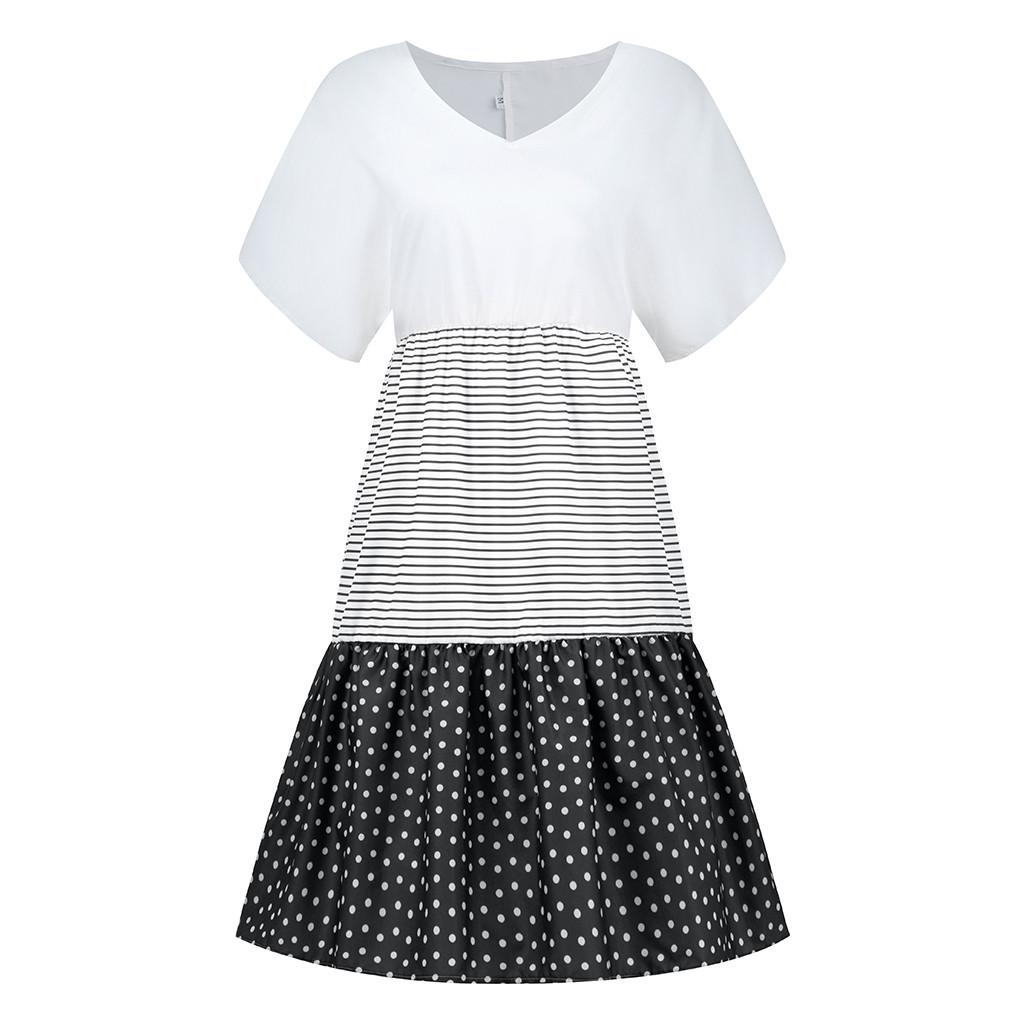 Модное женское повседневное свободное платье в полоску в горошек с v-образным вырезом и короткими рукавами
