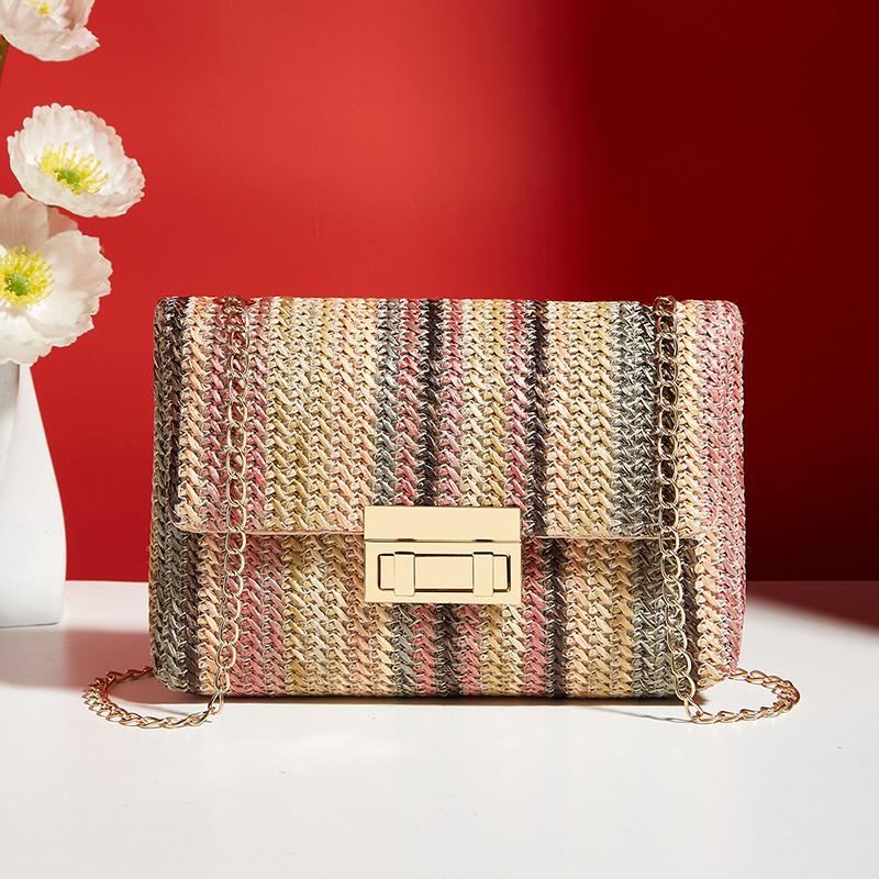 Buckle Closure Chain Crossbody Shoulder Bag Sweet Raffia Woven Women Sling Bag Solid Color Lightweight Beach Travel Purse