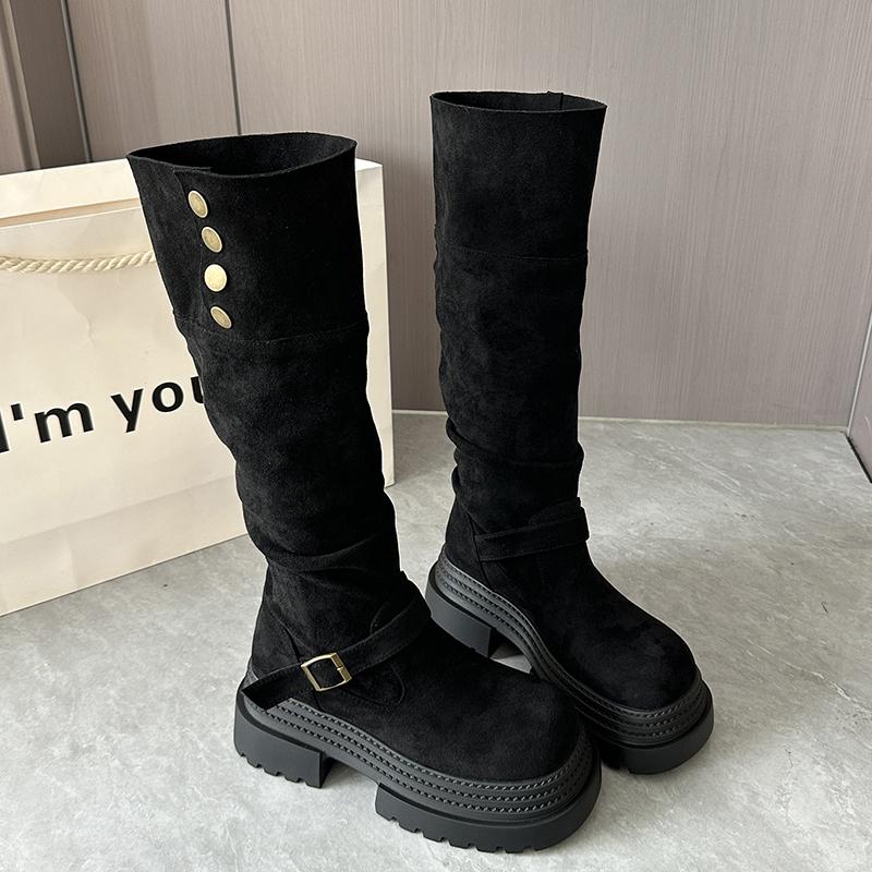 Autumn Winter Thick Heel Women Knee-High Boots Fashion Belt Buckle Shoes Ladies Mordern Long Botas De Mujer