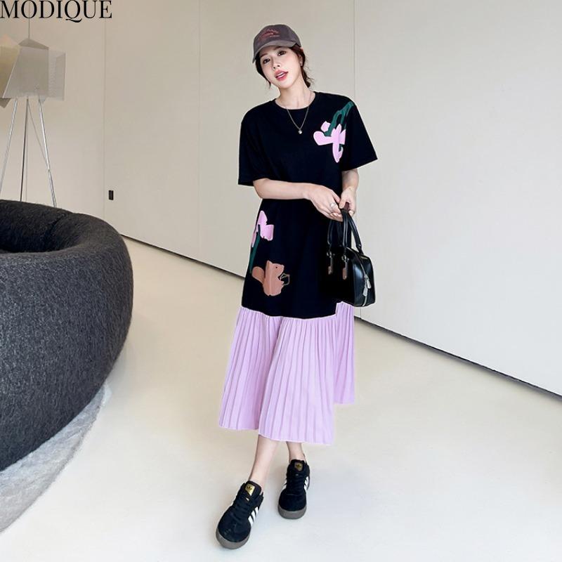MODIQUE Summer Plus Size New Women Vintage Loose T-Shirt Floral Printing Pleated Patchwork Long Dresses Female Casual Short Sleeve O-Neck Dresses