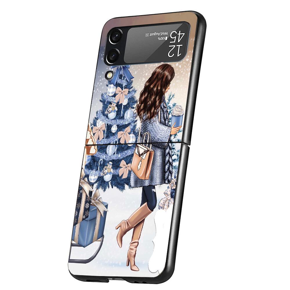 Christmas Girls Tree Gift Cover Phone Case For Samsung Galaxy Z Flip 7 6 5 4 3 5G Flip7 Flip6 Flip5 Flip4 Flip3 Black Fundas She