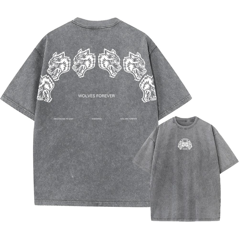 Футболка Vintage Darc Sport Wolves Print Acid T Shirt Men Clothing Cotton Boy Skateboard Short Sleeve Washed Gym Oversize Fitness