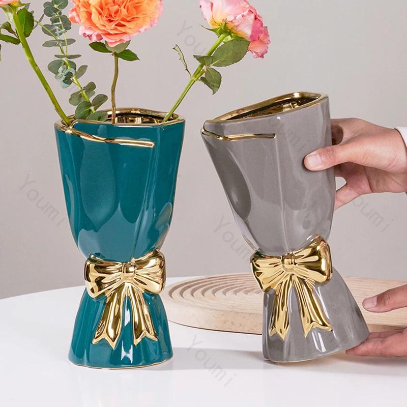 Легкая роскошная керамическая ваза, декоративная в минималистском стиле для гостиной, в форме букета, ваза для икебаны, скандинавские вазы для украшения дома