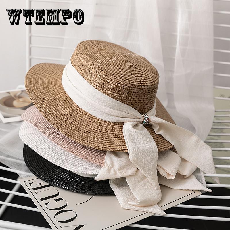 Women's Fashionable Straw Sun Hat with Floral Bow, Summer Beach and Seaside Protection