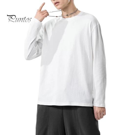 Мужская рубашка с круглым вырезом и длинным рукавом, мягкая дышащая футболка, однотонная, свободный крой, весна-лето, повседневные топы