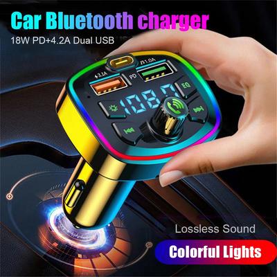 Автомобильный Bluetooth 5.0 FM-передатчик PD 18 Вт Type-C Dual USB 4.2A Быстрое зарядное устройство со светодиодной подсветкой Атмосфера Свет MP3-плеер Музыка без потерь