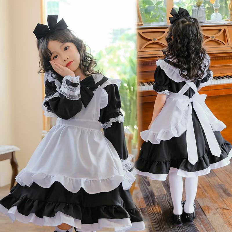 Black Alice In Wonderland Cosplay Costume Girls Halloween Party Dress Princess Outfit With Lace Bow Short Sleeve