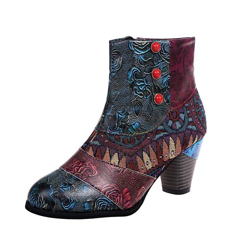 Fashion Vintage Leather Women Boots Bohemian New Female Retro Printed Buckle Soft Zipper Ankle Boots Women Botines Mujer Botas Feminino
