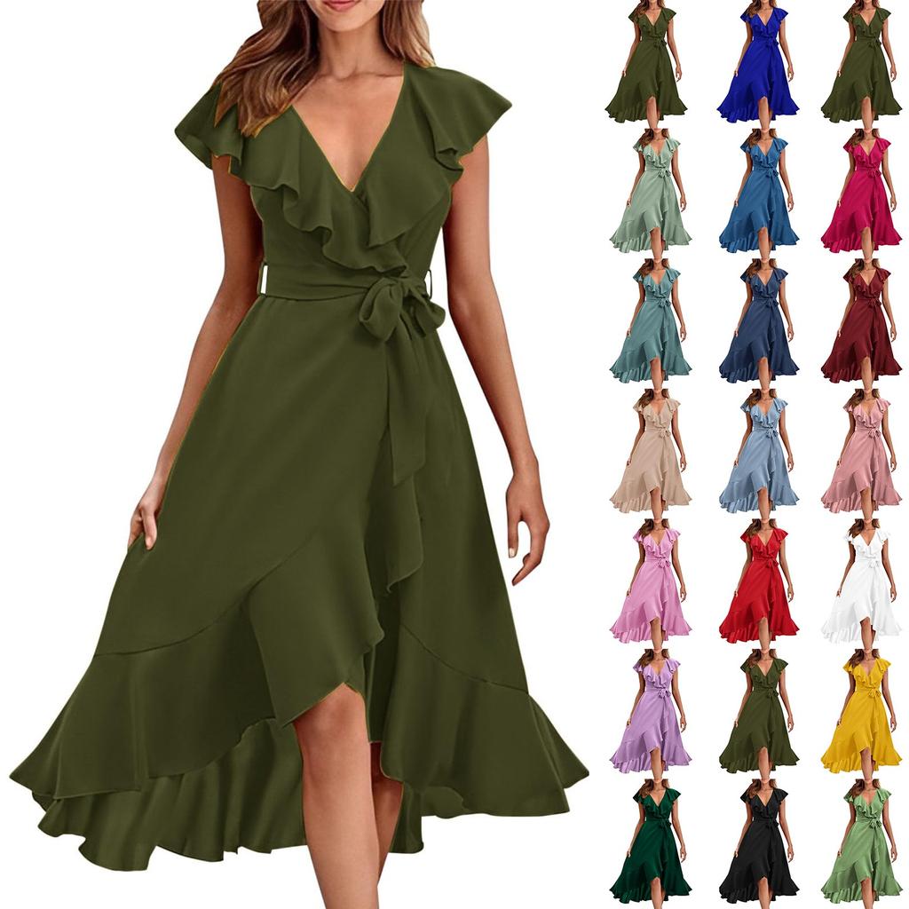Women's Solid V-neck Short Sleeved Ruffled Edge Elegant Dress