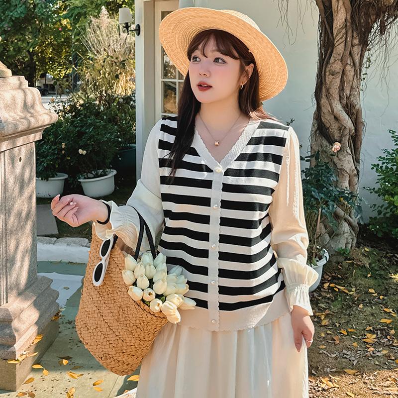 Женские топы с длинными рукавами и v-образным вырезом больших размеров, весенне-осенняя блузка, трикотаж в полоску