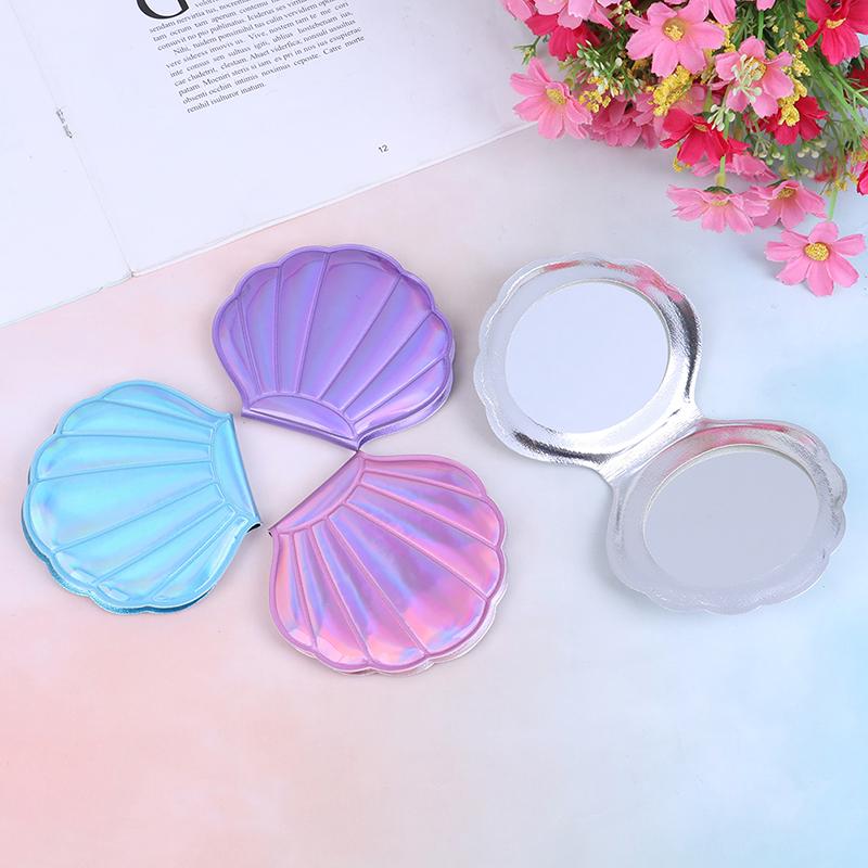 Sea Shell Shape Compact Cosmetic Mirror Pu Leather Double Sided Makeup Magnifier