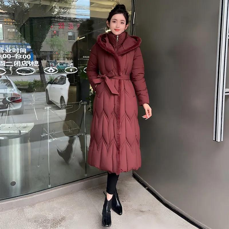 Модные зимние куртки больших размеров 7XL для женщин, длинные парки с капюшоном, свободные, толстые, теплые пальто, повседневные женские пальто с поясом