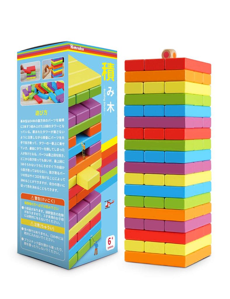 Homraku Wooden Balance 3D Board Building Domino Tabletop Game 54 for Ages 6 and Up Game, Puzzle, Game, Blocks, Blocks, (6 Colors, Pieces)