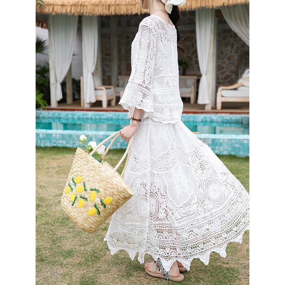 Dimanaf 2025 Женский новый костюм юбка вязаный пляжный короткий рукав кружевной ажурный сексуальный О-образный вырез ажурный летний стиль топы футболки свободные базовые