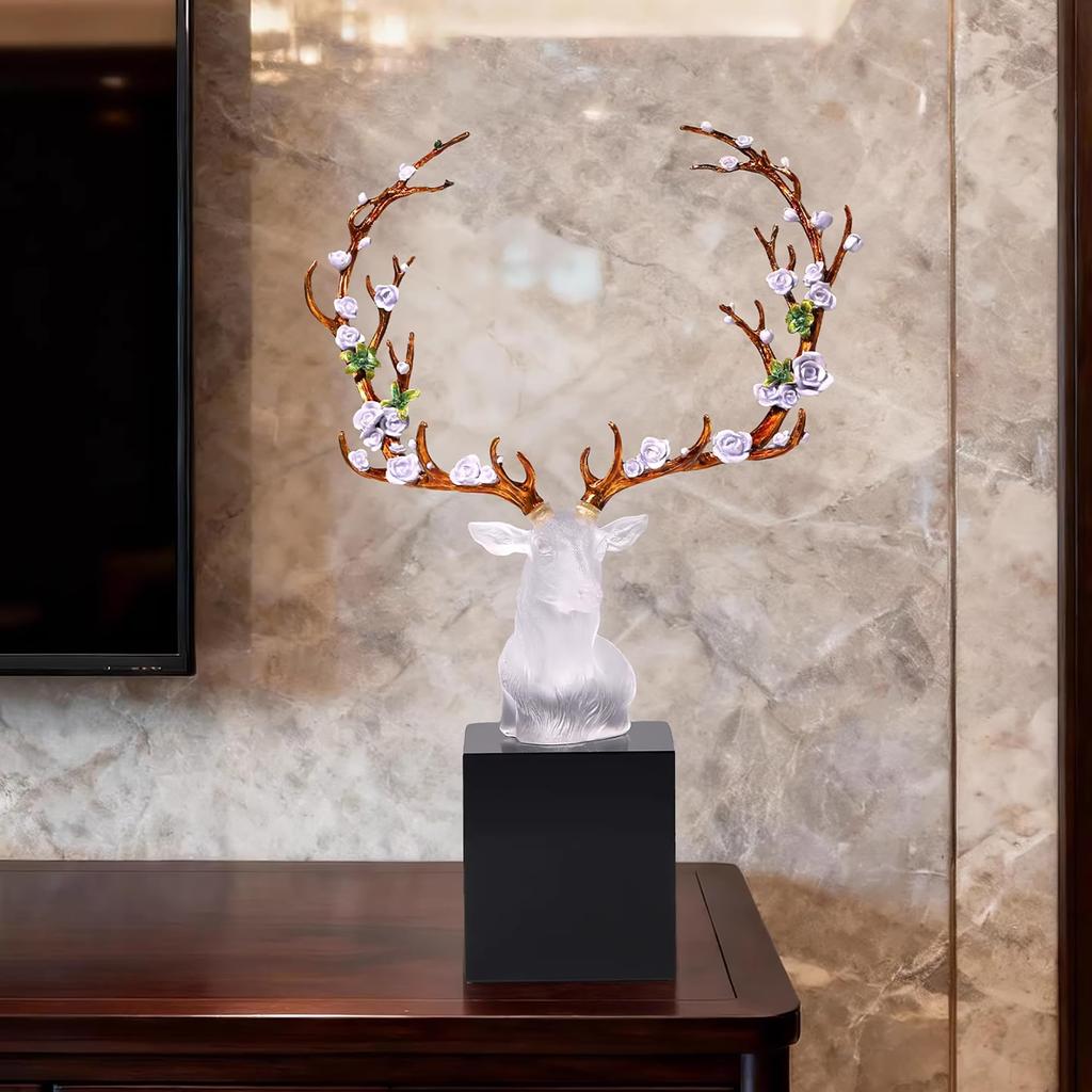 Aris & Juno15.35'' Chinese Traditional Liuli (Colored Glaze) Deer Head Sculpture Handmade Enamel Artwork with Black Marble Base Home Decorative
