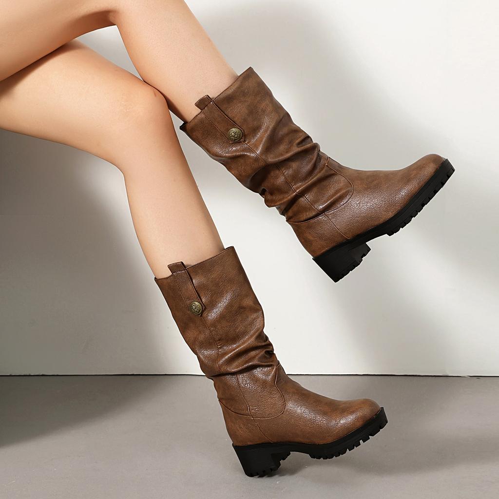 Women's Low-heeled Boots Autumn and Winter New European and American Thick-heeled Large-size Roman Medium Boots