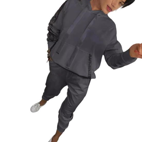 2 Pcs/Set Women Hoodie Pants Suit Long Sleeves with Sequined Pocket Solid Color Top Elastic Waist Trousers Daily Wear Sport Outfit Fall Spring