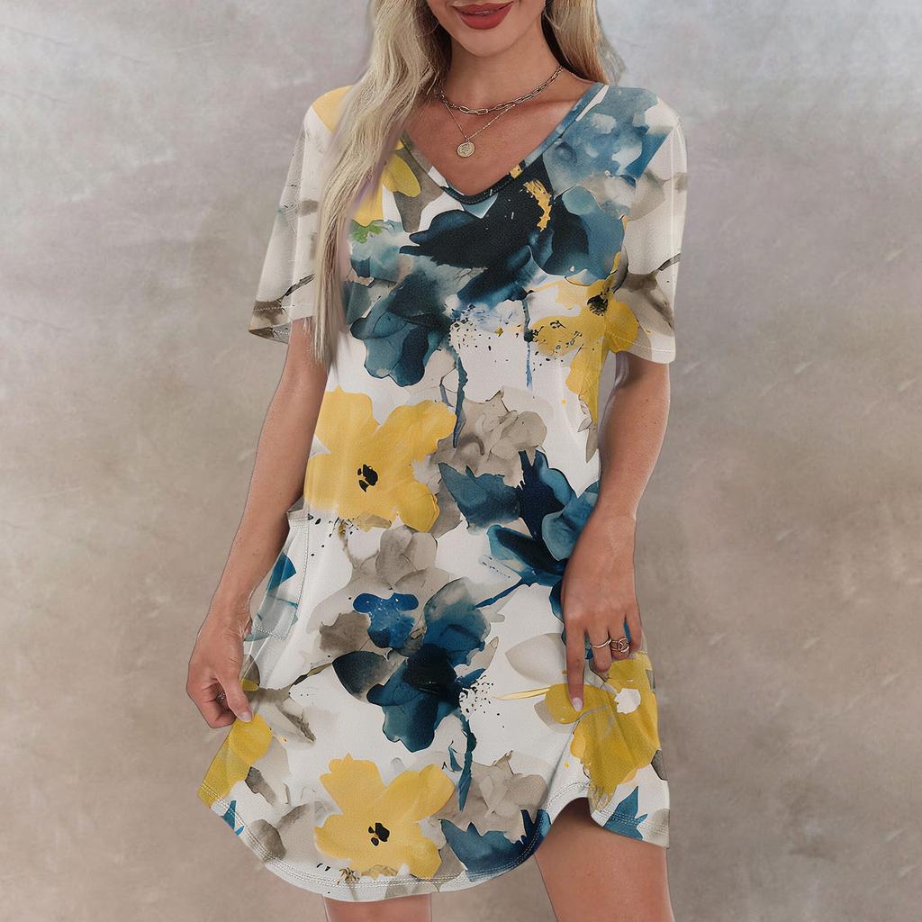 Summer Dresses For Women Loose V Neck Short Sleeve Casual T Shirt Dress Sundresses Swimsuit Coverup With Pockets
