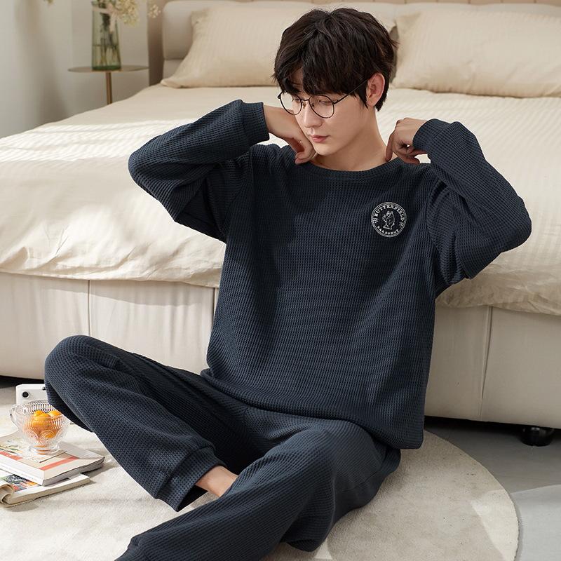 Пижамы мужские с длинным рукавом из хлопка весна и осень простой молодежный домашний костюм для отдыха можно носить