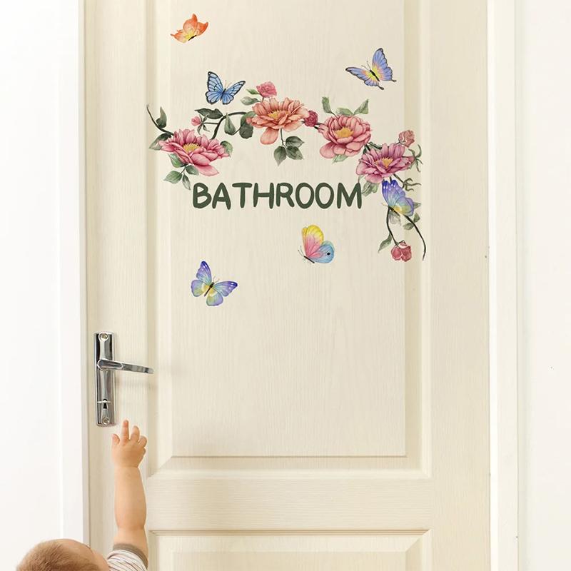 Beautiful Butterfly Flower Wall Stickers Toilet Bathroom Door Decoration Mural Home Decor Self-Adhesive Beautify Wallpaper