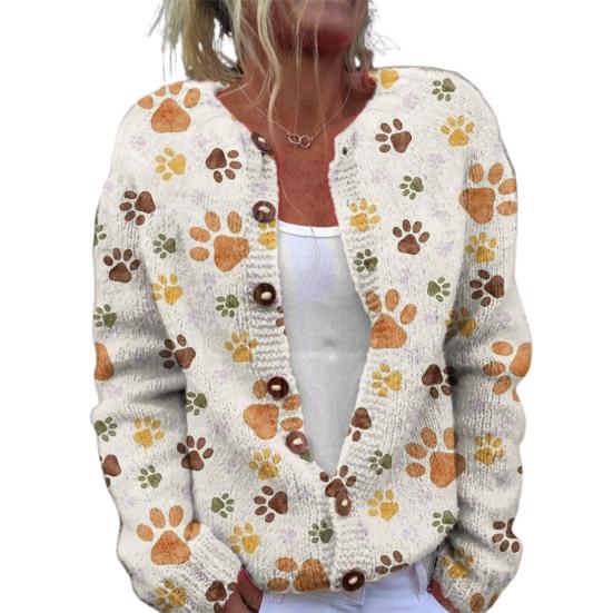 Women Sweater Cardigan Round Neck Long Sleeve 3D Flower Pattern Button Up Knit