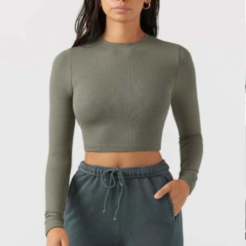 Женский спортивный топ с длинным рукавом и круглым вырезом, сексуальный, с поясом, повседневный, для фитнеса, короткий, тонкий