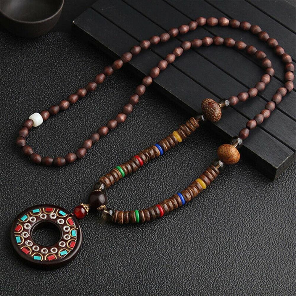Boho Ethnic Jewelry Lucky Gift Party Mala Wood Bead Buddhist Horn Fish Pendant Nepal Necklace