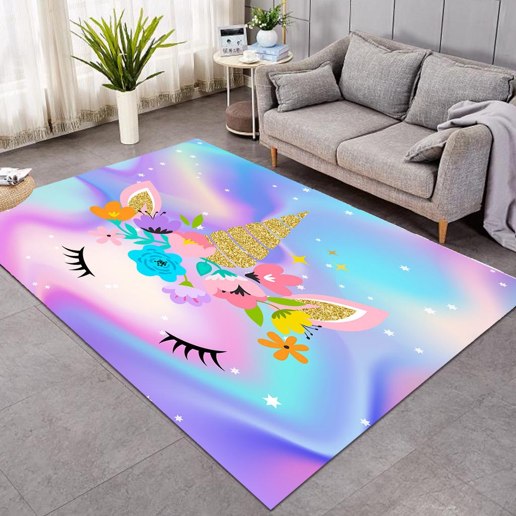 Cute Unicorn Carpet Cartoon Magical Animal Indoor Floor Mat Colourful Floral Area Rug for Kids Girls Living Room Decor Doormat
