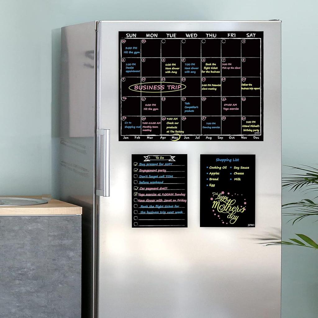 Magnetic Chalkboard Monthly Calendar with neon Bright Liquid Chalk Markers – Black Refrigerator Monthly Planning Board w/Bonus - Grocery List and