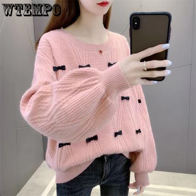 Женский пуловер базовый свитер с круглым вырезом для осени и зимы, свободный и ленивый стиль, вязаный свитер с узлом-бабочкой