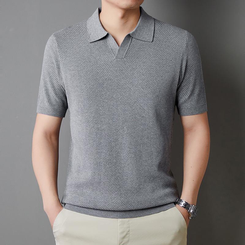 Mens Cotton V Neck Short Sleeve Casual Knit Polo Shirt