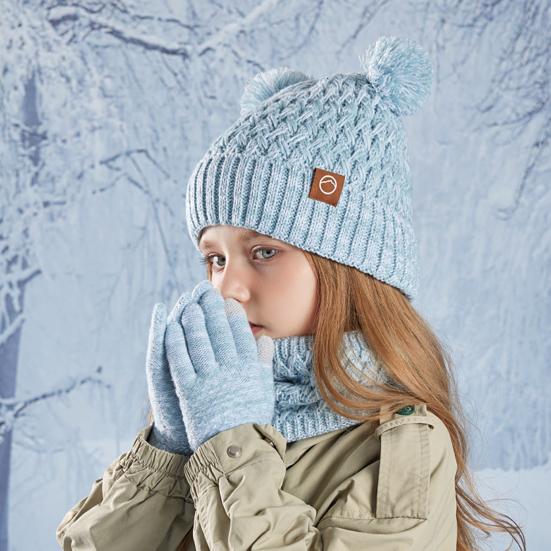 Kids Winter Hat Gloves Scarf Set Cold Weather Knitted Bear Hat with Pom Fleece Lined Neck Warmer Mitten Set for Girls Boys Ages 4-10