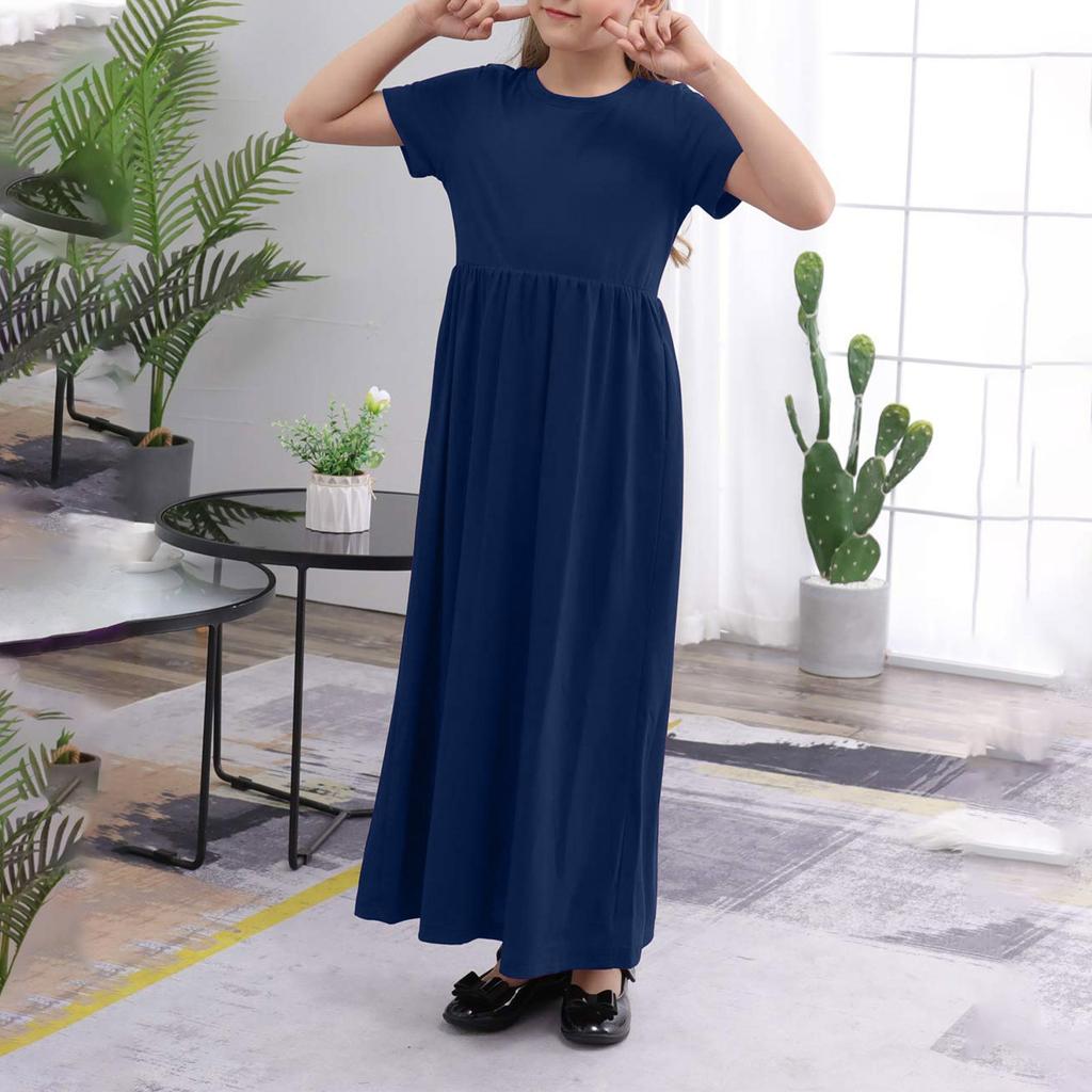 Летнее платье для девочек с круглым вырезом, короткими рукавами и карманами, длинной юбкой