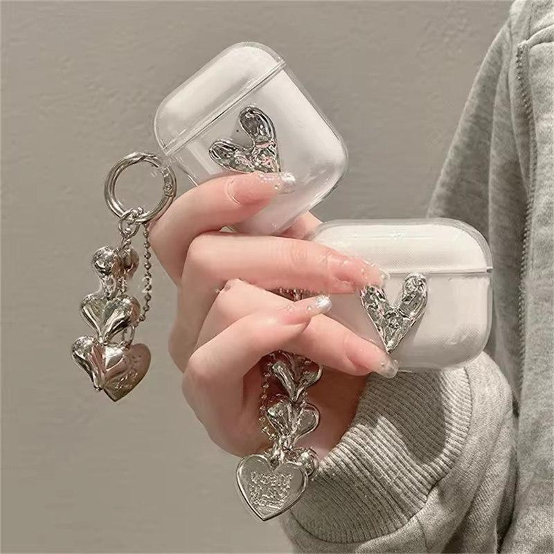 Милый 3D Серебряный чехол для наушников Love Heart для AirPods 4 Airpods Pro 2 3 с подвеской в виде бусин защитный чехол мягкий чехол