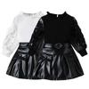 Autumn Girls' Two-color Mesh Embroidered Long Sleeved Top, PU Leather Skirt, Children's Set