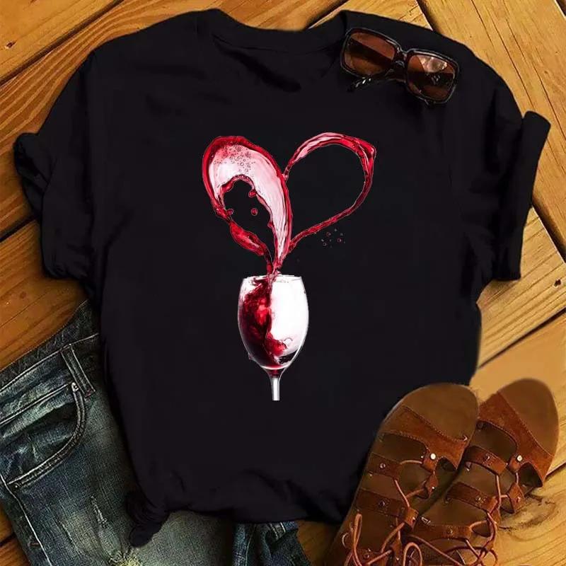 Футболка с принтом Peace Love Wine, женская свободная футболка с короткими рукавами и круглым вырезом, летняя женская футболка, топы, одежда Camisetas Mujer
