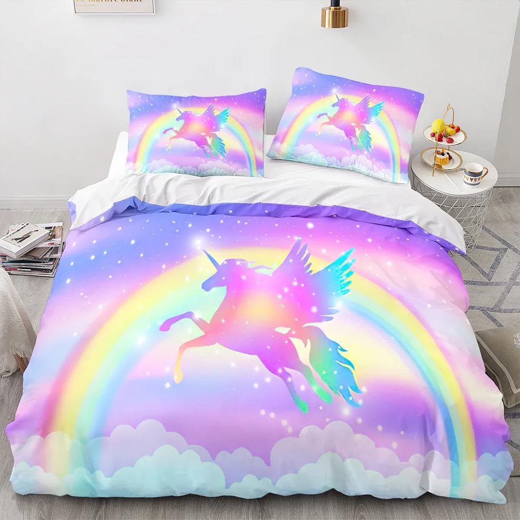 Unicorn Duvet Cover Set Cartoon Galaxy Rainbow Colourful Unicorn Cute Romantic Theme For Kids Girls Polyester Comforter Cover