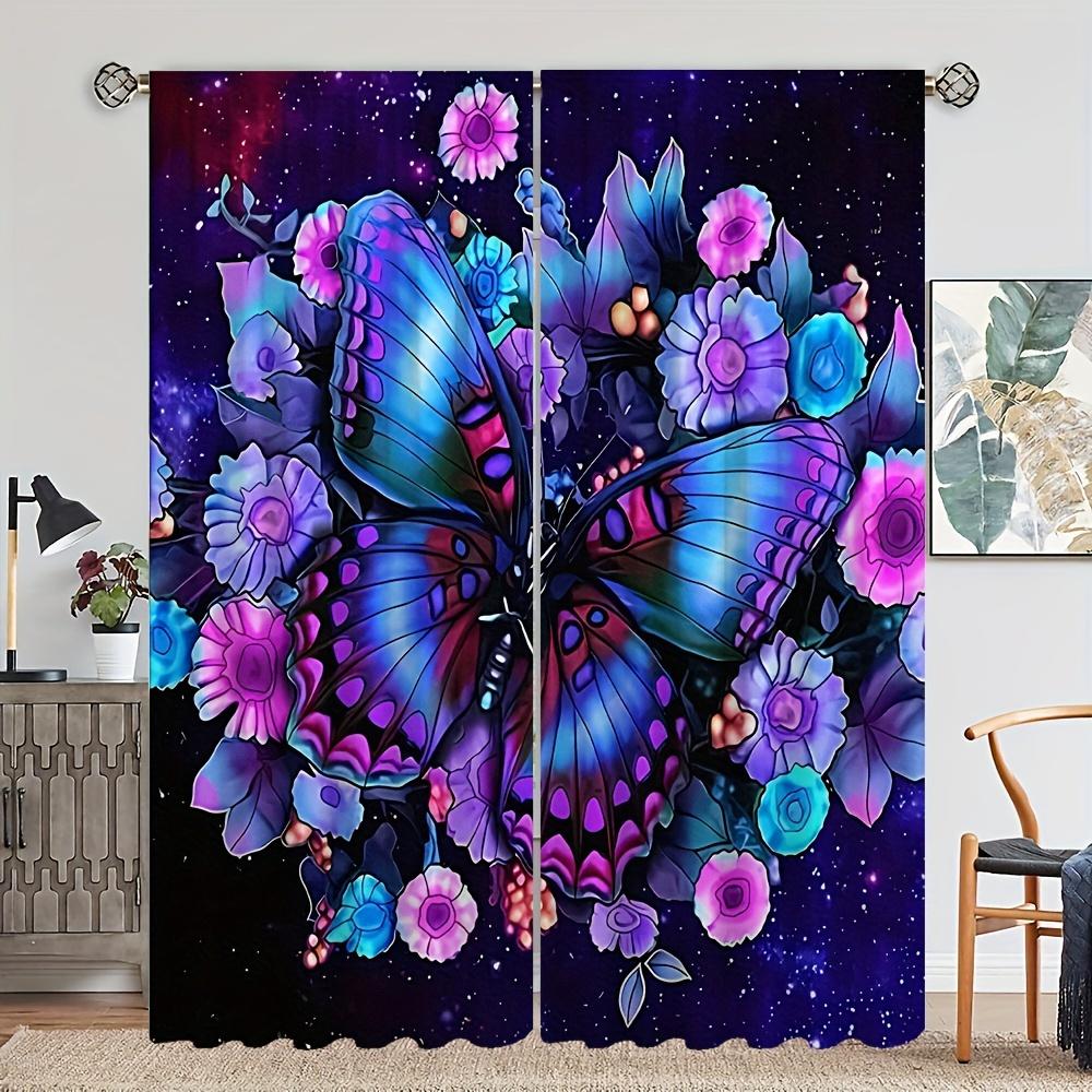 2pcs Five-colored Butterfly Printed Curtains, Study Room Kitchen Living Room Dorm Room Rod Pocket Window Drapes, Bedroom Accesso