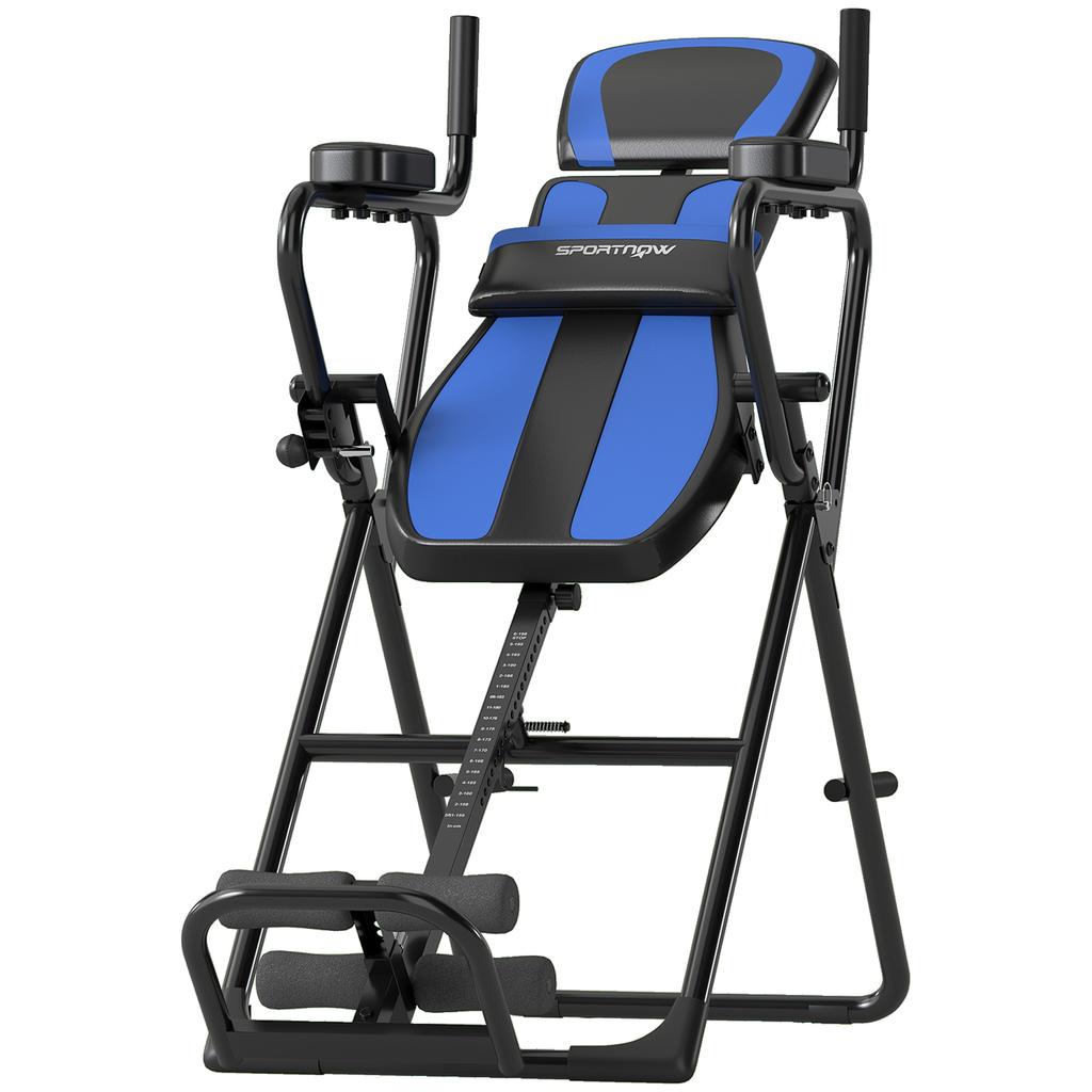 Foldable Inversion Table, Pull-Ups, Push-Ups, Height 155-198 cm, Angles 20 40 60 Deg, Blue Belt