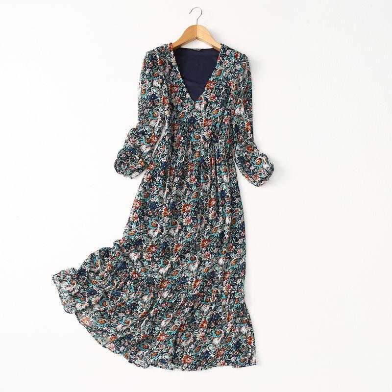 Export Export Elegant Elegance French Vintage Floral Chiffon Dress High Waist Slimming V-Neckline Vacation Dress