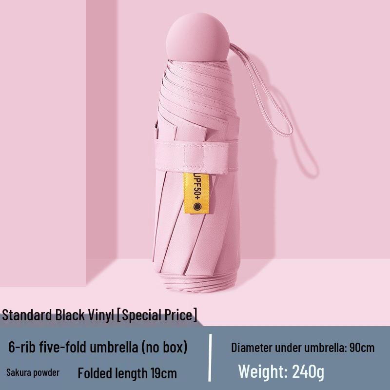 Женский мини-зонт двойного назначения: Компактный пятисложенный дизайн, Утолщенная ткань, Черный клей для защиты от УФ-лучей, Возможность нанесения логотипа на заказ