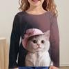Children's Cute Cat 3D Digital Printed Girl Fashion Trend Round Neck Long Sleeved T-shirt
